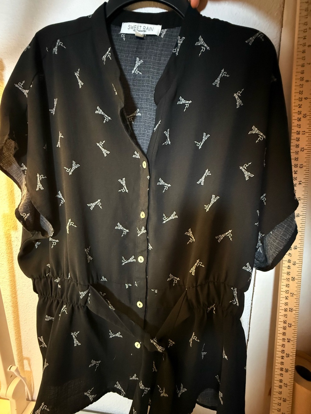 Sweet Rain Black Short-Sleeve Button-Front Tie-Waist Midi Dress